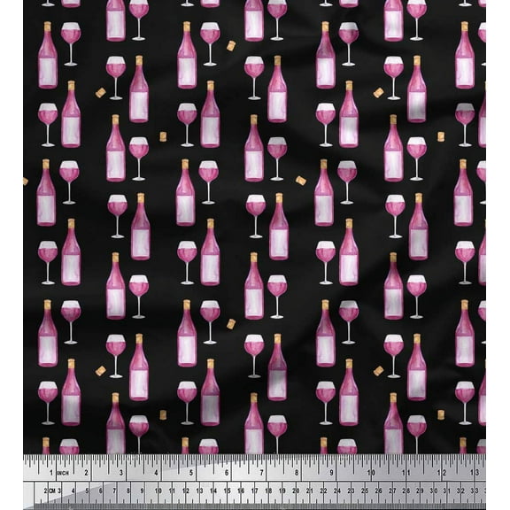 Soimoi Black Cotton Duck Fabric Bottle & Wine Glass Bar Print Sewing Fabric Yard 42 Inch Wide