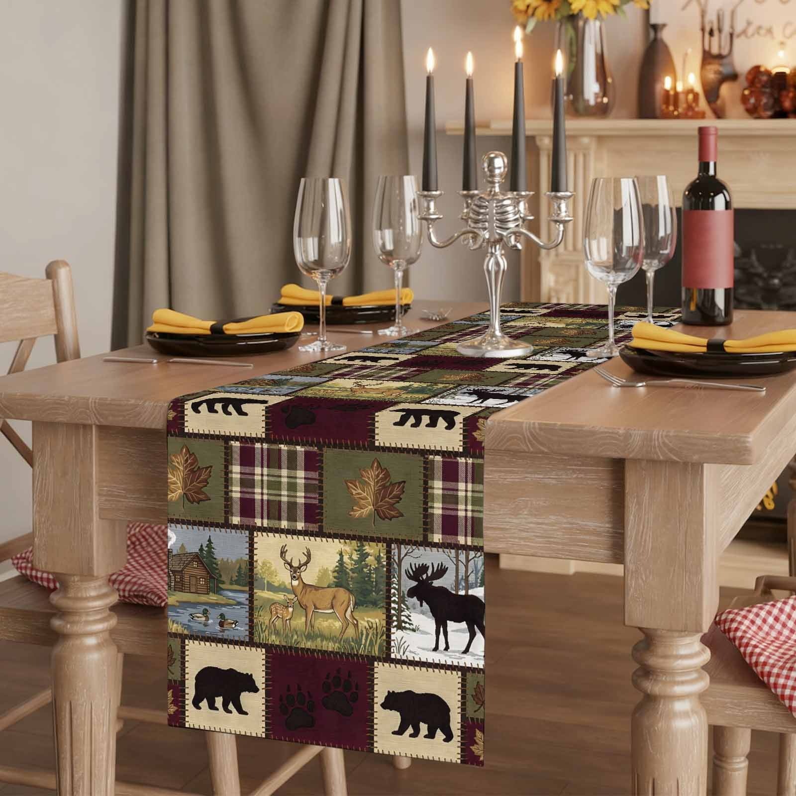 Boho Bear Deer Table Runner 18x72 Inch Rustic Cabin Country Forest Mountain Leaf Cotton Linen Dining Table Runner Ideal for Dresser Kitchen Coffee Tables - Machine Washable