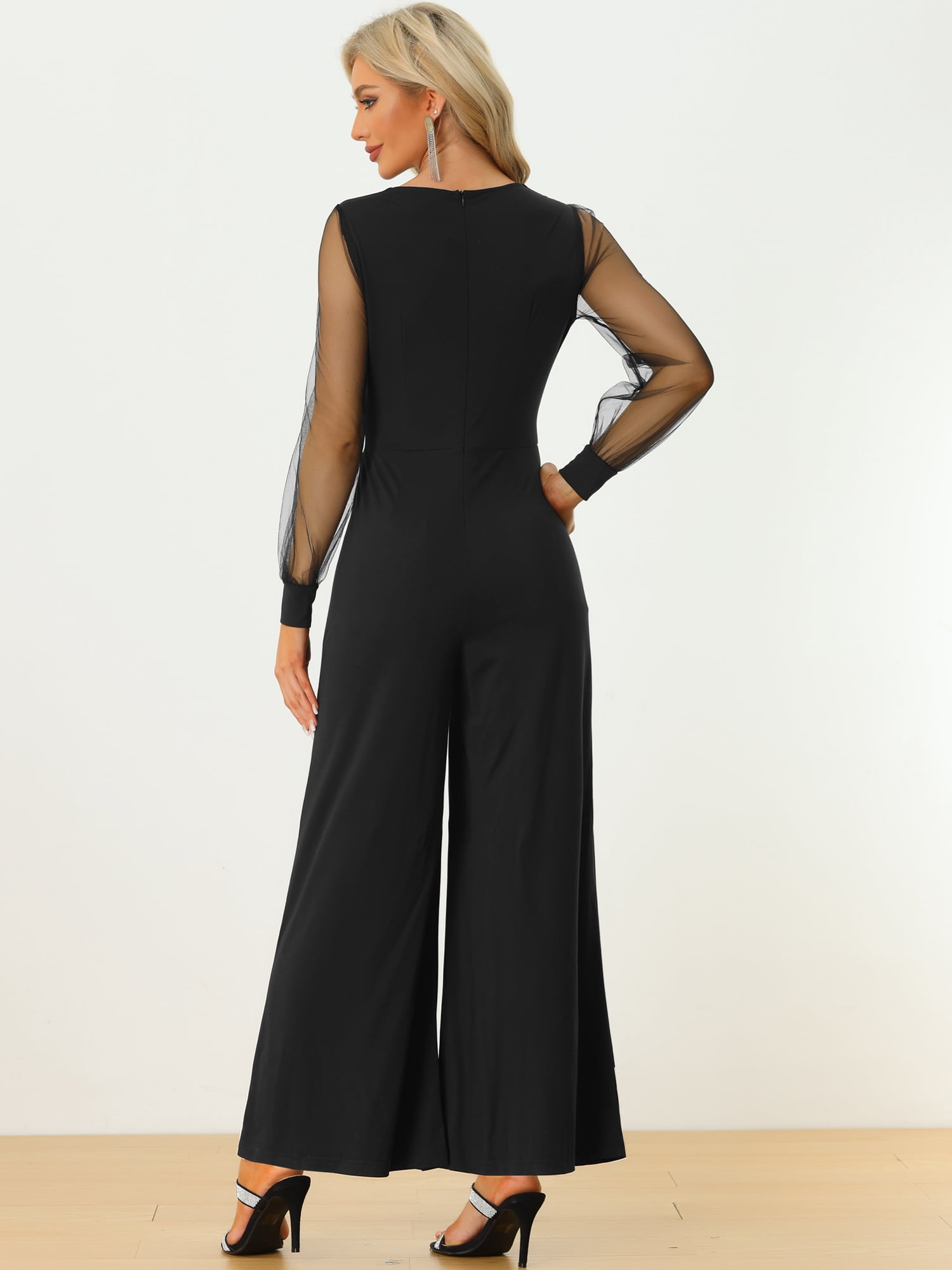 DARING DIVA Women's V Neck Mesh Long Sleeve Wide Leg Romper Jumpsuits L Black