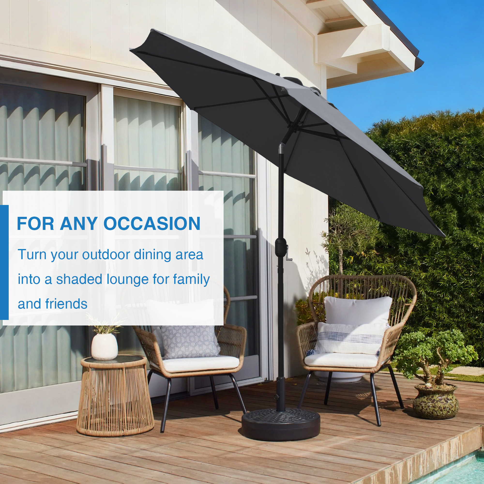 Abble Outdoor 9ft Patio Umbrella with Crank Handle and Push Button Tilt, Outdoor Market Umbrella with 8 Ribs for Garden, Deck, Backyard, Pool, Dark Gray