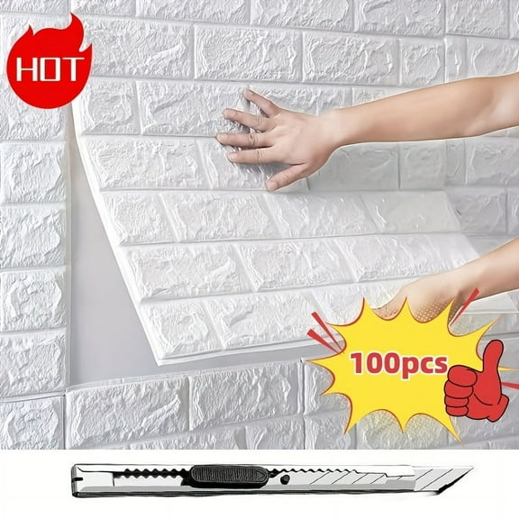 100pcs 3D White Foam Soft Brick Wallpaper Wall Sticker Wall Panel Self Adhesive Waterproof Room Home House Bahtroom Kitchen Wall Decoration