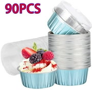 Skycarper 90pcs Ramekins with Lids, 5oz Blue Aluminum Foil Dessert Baking Cupcake Liners Baking Cups Clear Cups for Wedding Christmas Kitchen Birthday Party Various Holiday Parties (Blue)