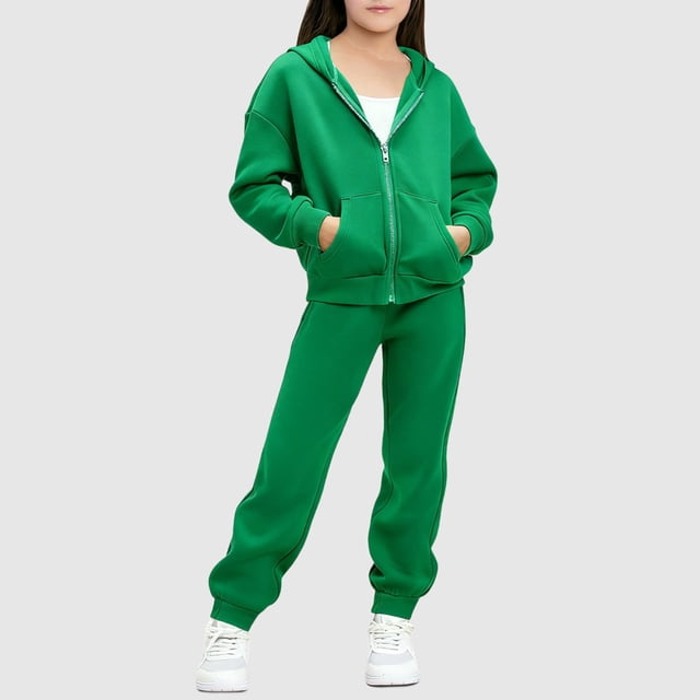 Chaqueta de invierno de color liso para niños, sudadera larga con capucha y cremallera y pantalones deportivos con lazo en las piernas, conjunto deportivo informal con forro polar para mayor calidez,