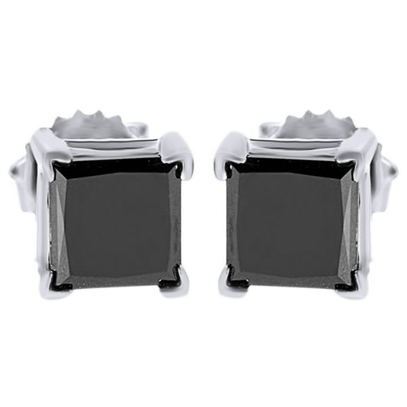 AFFY Princess Cut Black Natural Diamond Stud Earrings In 14K Solid White Gold (3.70 Ct) By
