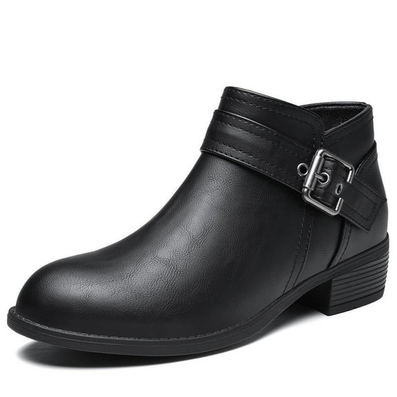 Envirsheo Ankle Boots for Women Low Heel Chelsea Booties for Winter Round Toe Leather Snow Boots Chunky Fall Shoes with Side Zipper Black