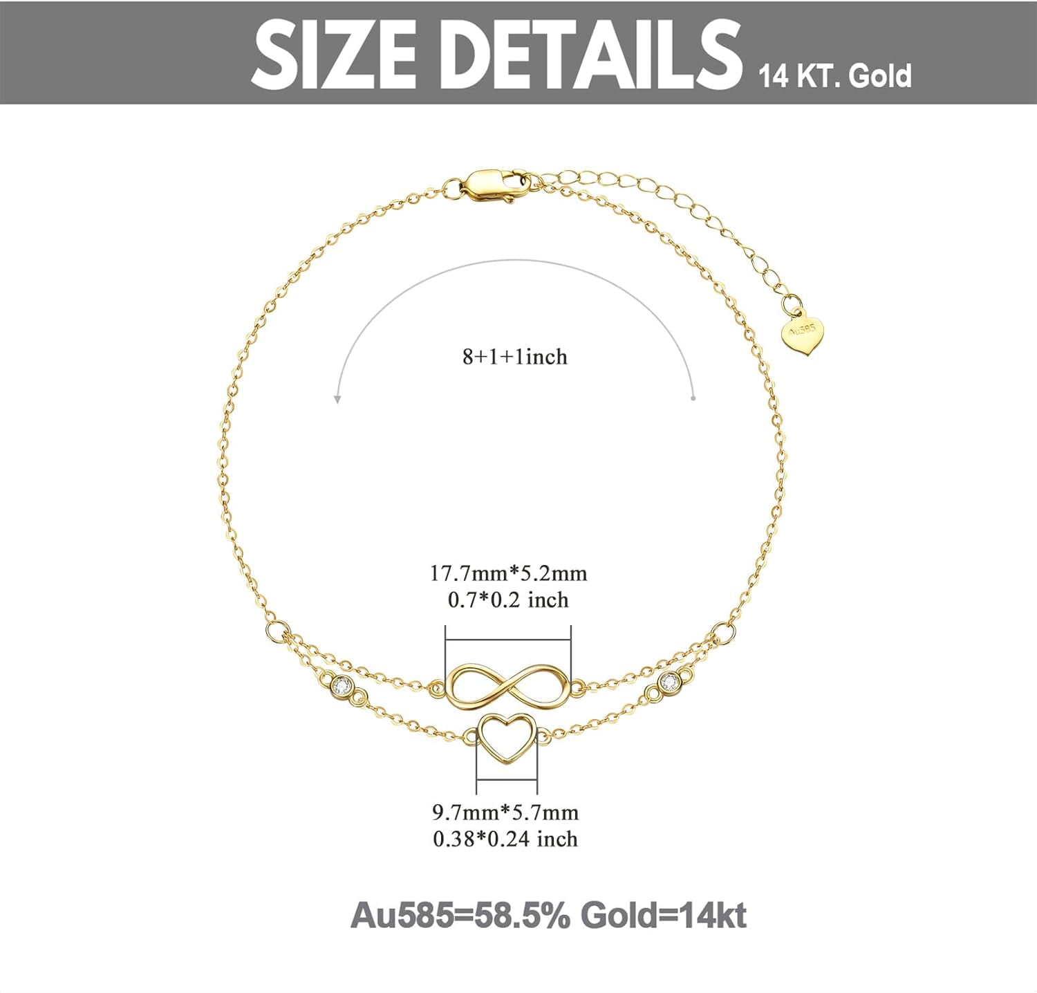 JKR 14K Real Gold Infinity Heart Anklet for Women, Yellow Gold Infinity Layered Anklets Bracelets Beach Foot Jewelry Birthday Valentines Day Gifts for Her, 8+2 Inch