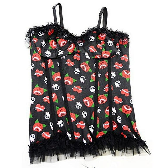 Skull and Rose Tattoo Sexy Fashion Womens Black Lace Corset - 34