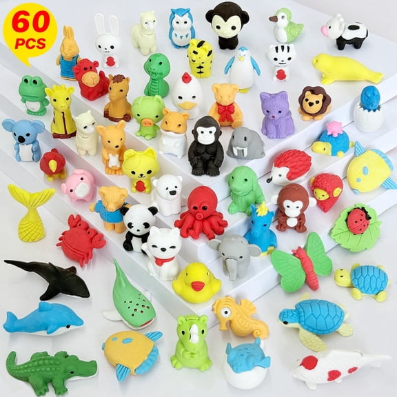 AGCAN 60Pcs Animal Erasers, 3D Puzzle Mini Erasers for Prizes, Bulk Animal Pencil Eraser for Party Favors