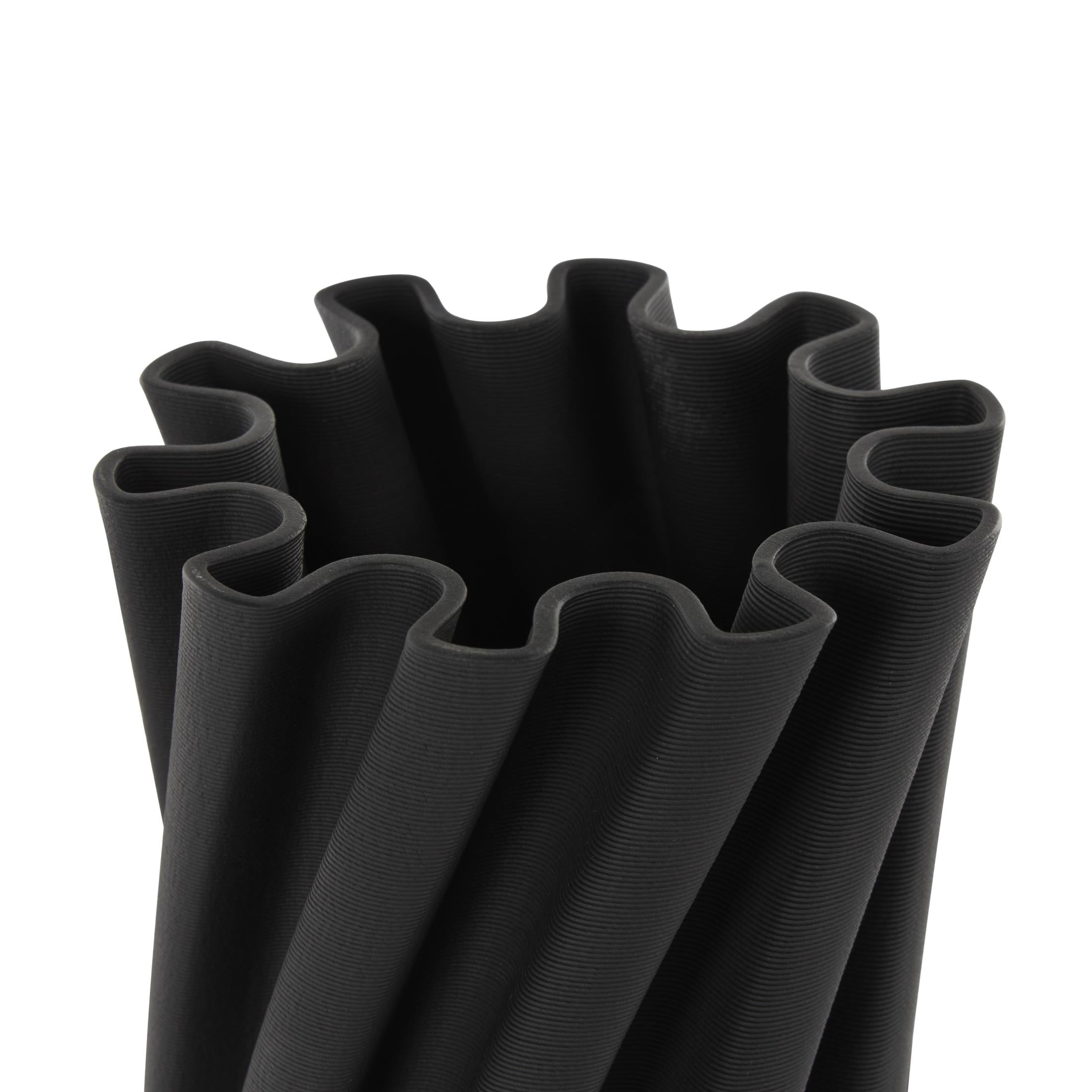 DecMode 11" Abstract Curvy Ribbed Black Ceramic Vase with Floral Shaped Rim