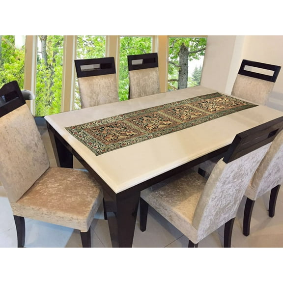 Stylo Culture Brocade Jacquard Dining Table Runner Dark Green Rectangular Bohemian Indian Home Decor Elephant Peacock Ethnic Coffee Table Cloth | 60x16 Inches ( 152 x 40 cm)
