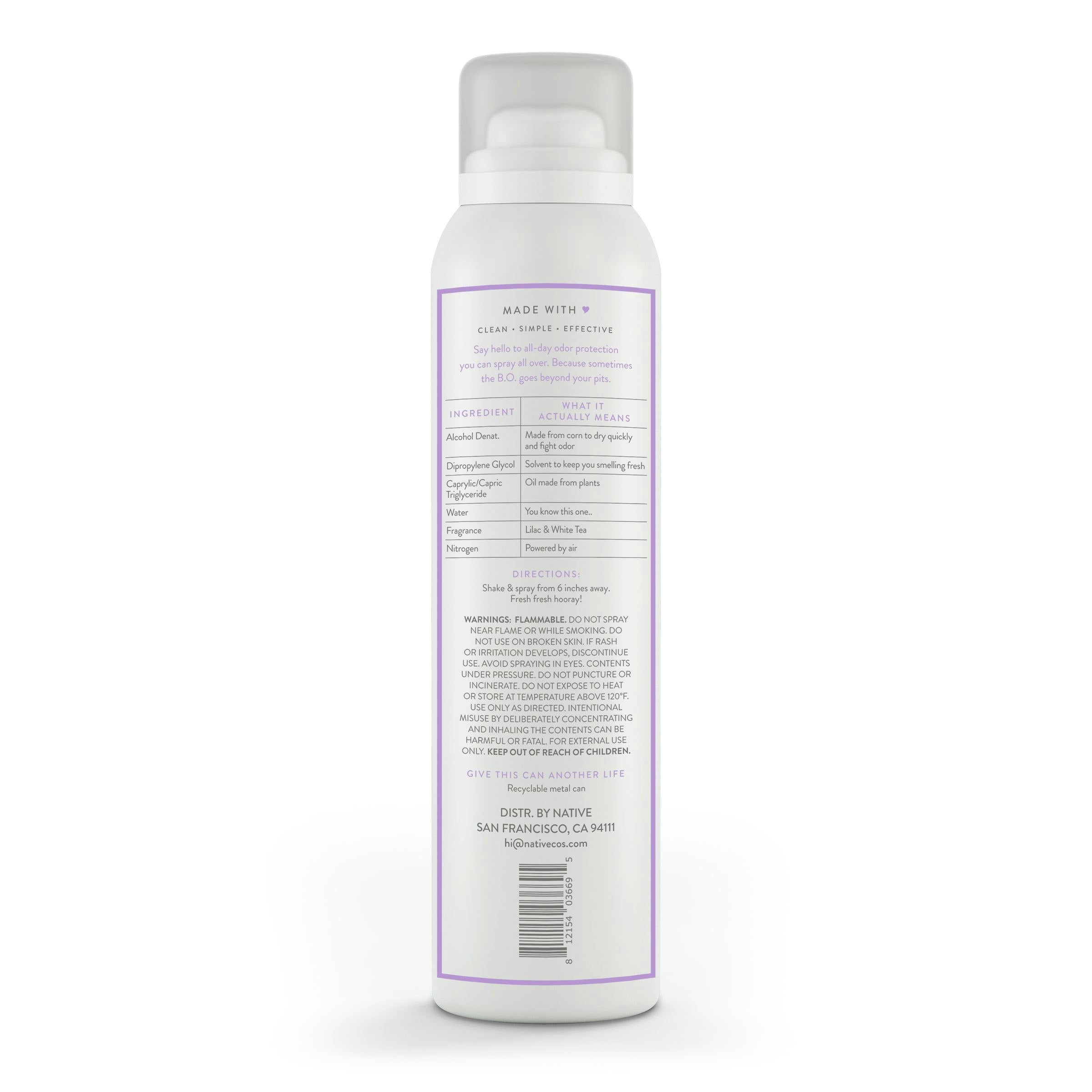 Native Deodorant and Body Spray, Lilac & White Tea, Aluminum-Free, for Women and Men, 3.5 oz