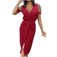 thumbnail image 2 of Mikilon Women's Solid Color V Neck Off The Shoulder Short Sleeve Slit Dress, 2 of 5