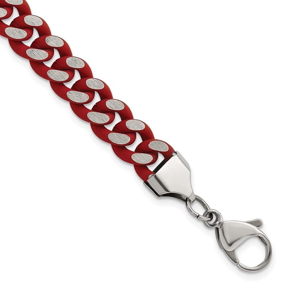 Chisel Stainless Steel Polished with Red Enamel and Rubber Coating 9mm 8.5 inch Curb Chain Bracelet