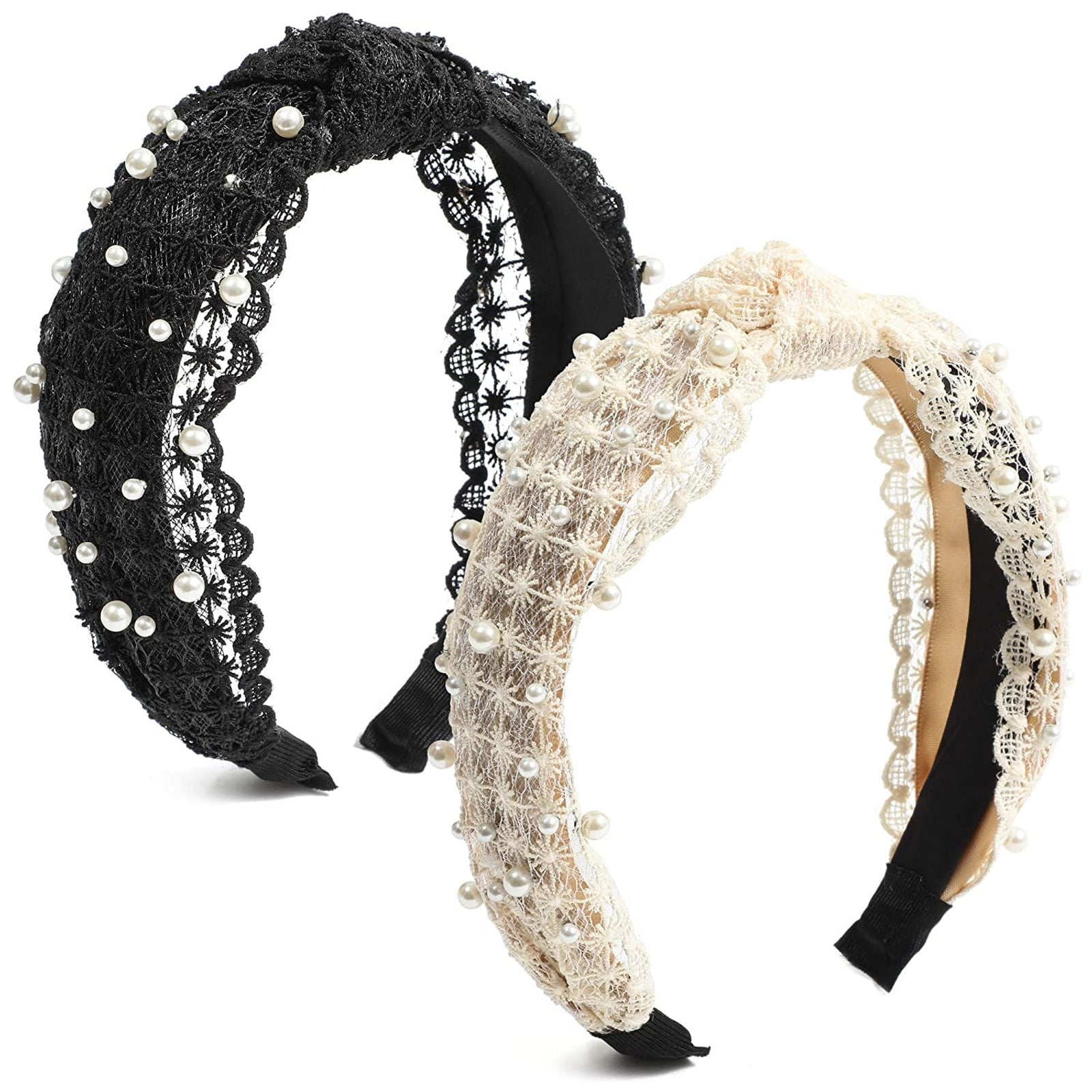 Women Pearls Headband Solid Bow Knotted Center Hairbands Wide Hair Accessories 