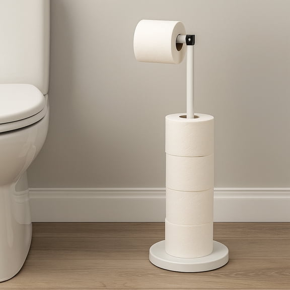 Stylish White Toilet Paper Holder with Folding Arm and Reserve - Compact Metal Bathroom Accessory