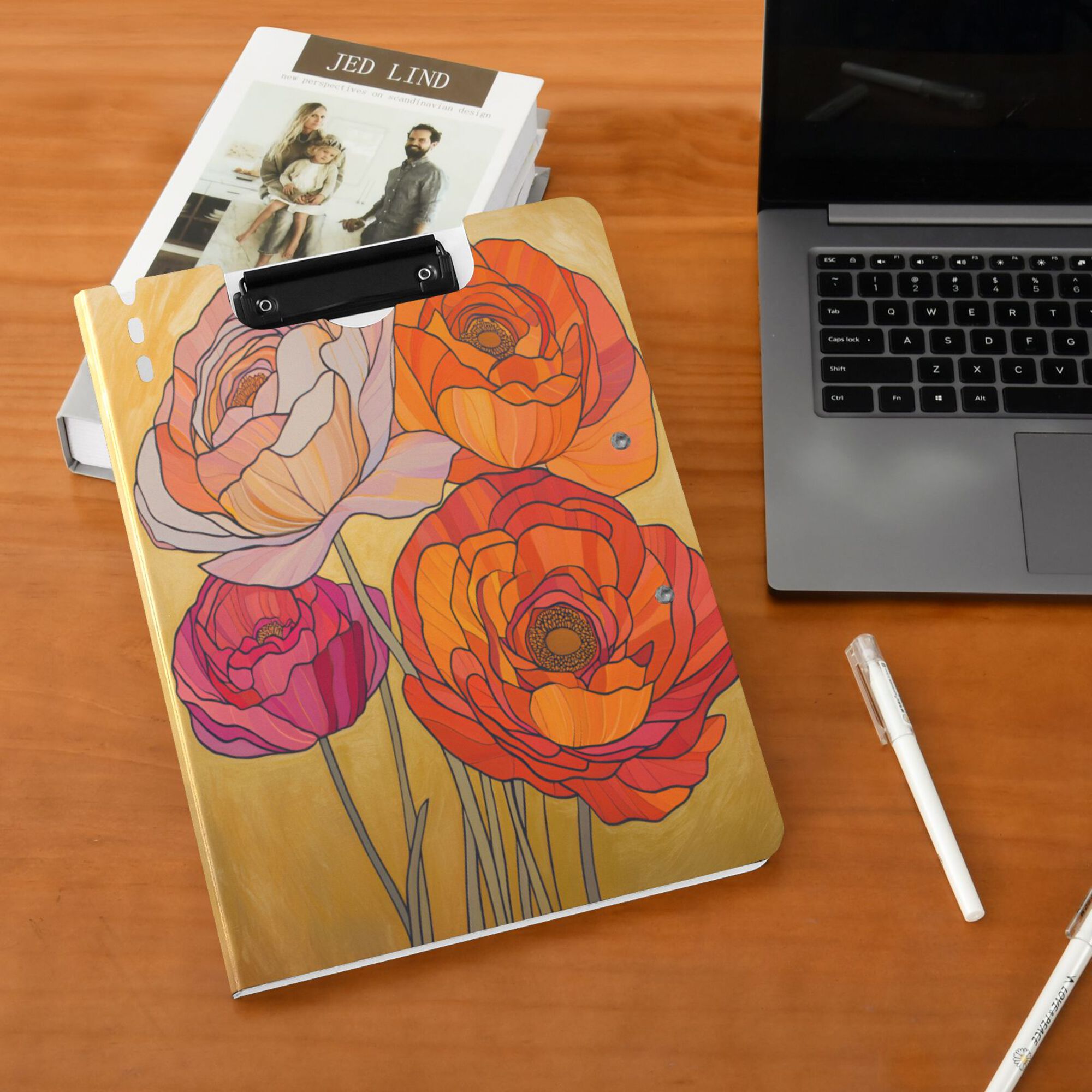 FORMRS A4 Clipboard Folder with Pen Holder Horizontal Foldable School Office Binder, Orange Abstract Floral