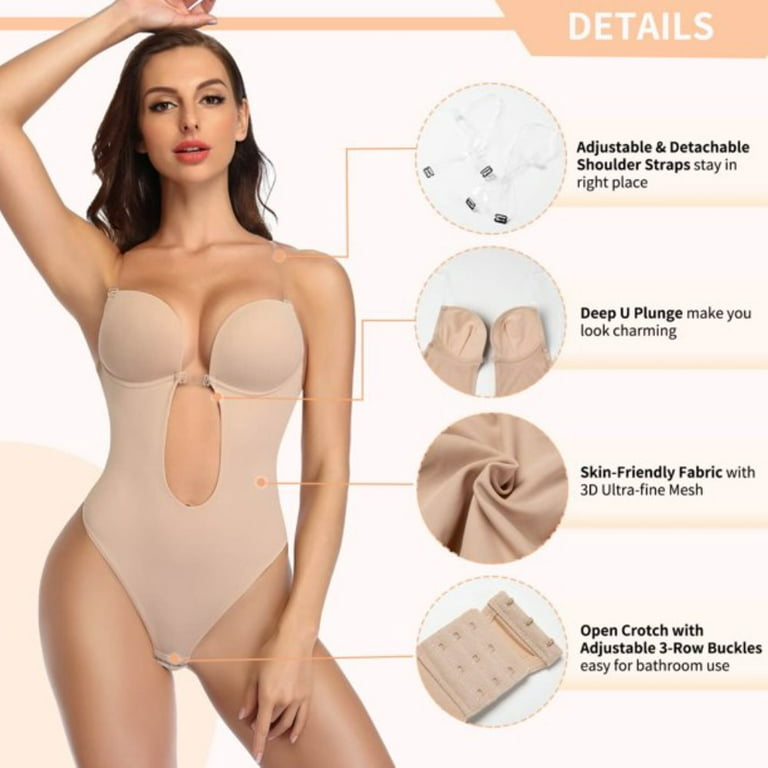Women Strapless Bodysuit with Bra Deep V-Neck Backless Shapewear Seamless  Full Body Shaper Thong for Wedding Party (Color : Skin, Size : Medium)