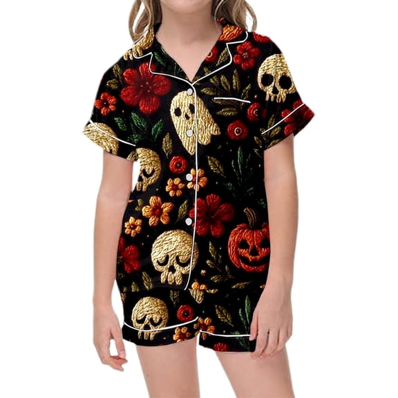 Kids Halloween Pajamas Size 4-5 Years Childrens Nightwear Full Print Top with Shorts Soft Homewear Set Pjs for Girls Black