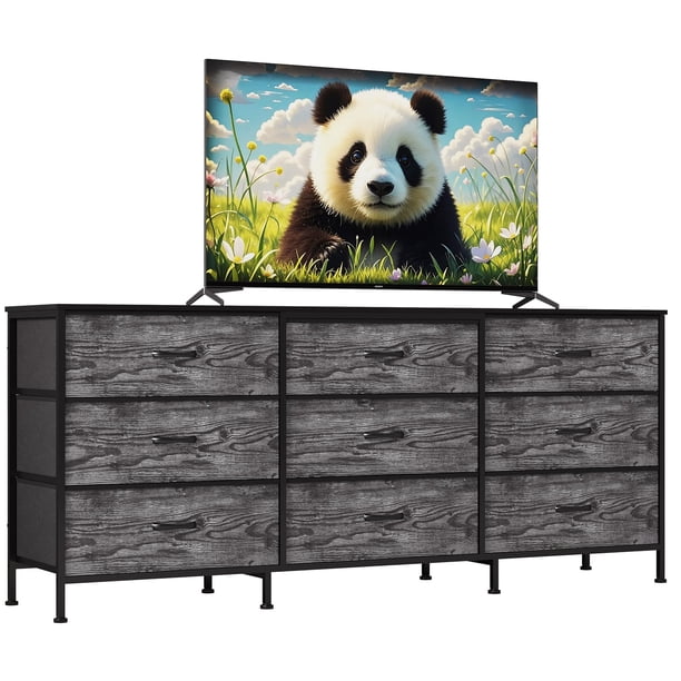 Yeshouse Mueble para TV de 63" con 9 cajones de tela y tablero de madera, consola multimedia con marco de metal, organizador de almacenamiento para dormitorio o sala de estar, 27" de profundidad
