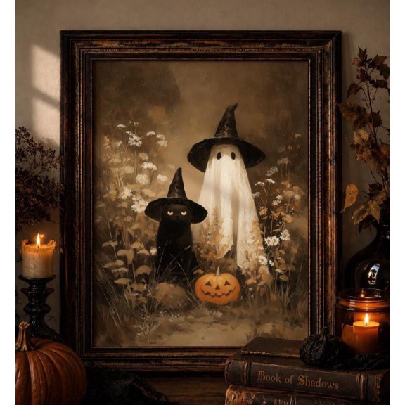 Cat And Ghost Halloween Print Vintage Floral Autumn Wall Art