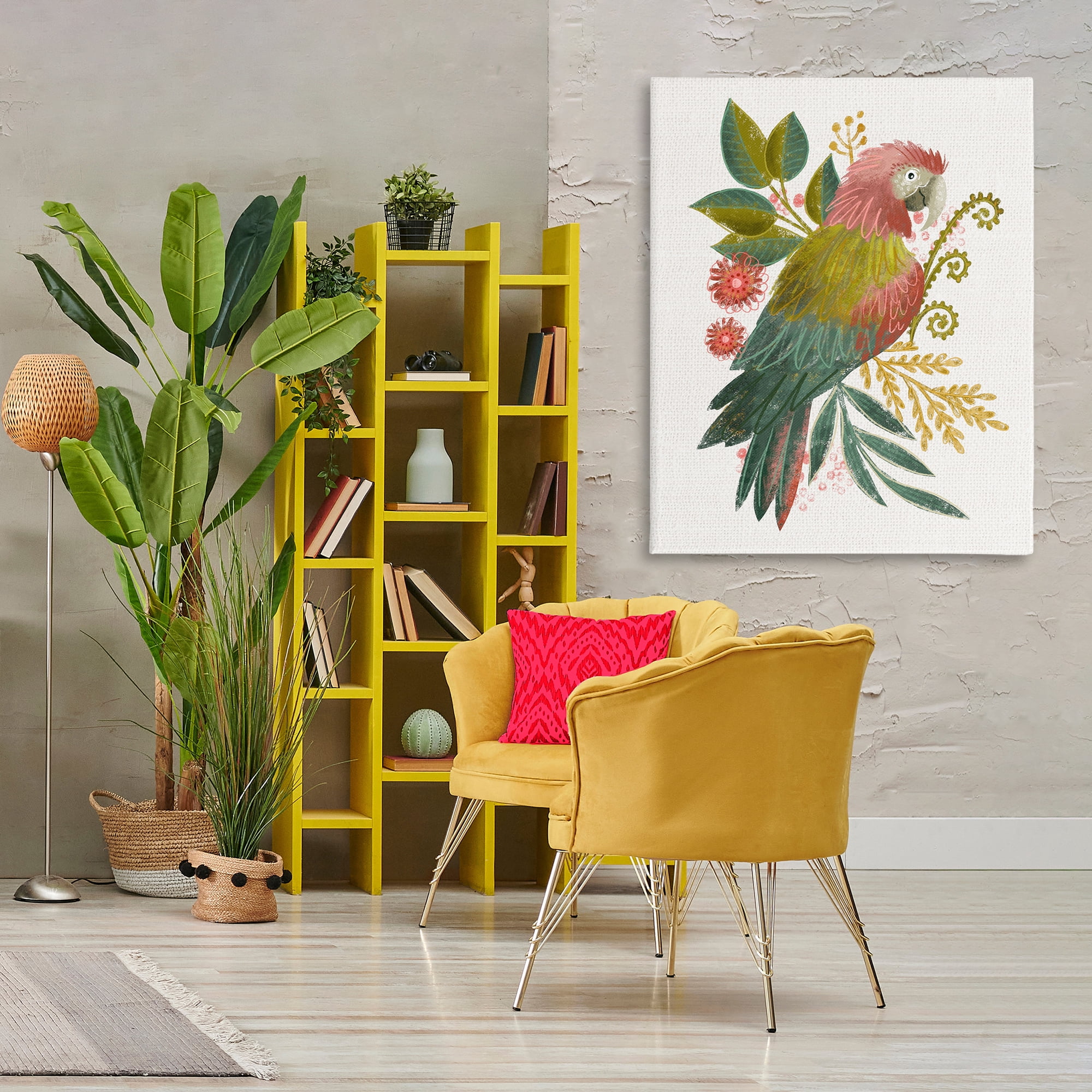 Stupell Industries Parrot with Eclectic Leaves Animals & Insects Painting Gallery Wrapped Canvas Art Print Wall Art, 36 x 48