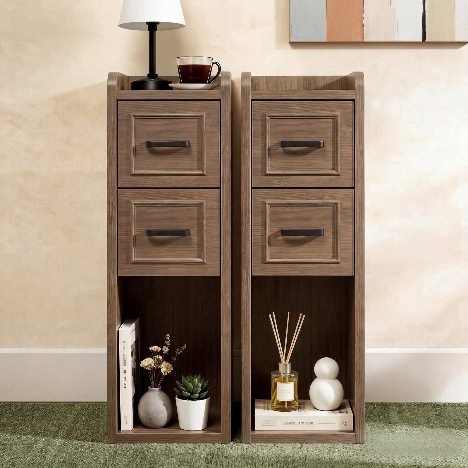 BERRY NEST Narrow Nightstand Set of 2, Modern Walnut Bedside Table with Drawers & Open Shelf, Modern End Table for Bedroom Small Spaces, Apartments, Renters