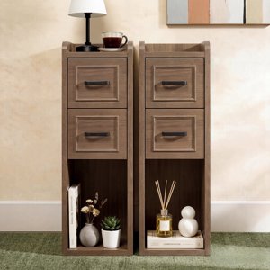 BERRY NEST Narrow Nightstand Set of 2, Modern Walnut Bedside Table with Drawers & Open Shelf, Modern End Table for Bedroom Small Spaces, Apartments, Renters