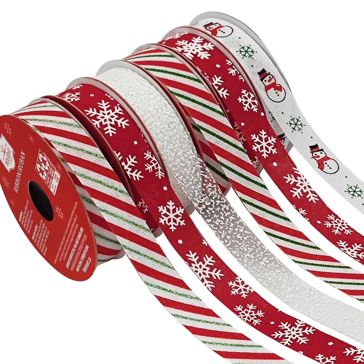 Holiday Time Red White Green Xmas Ribbon Assortment, Polyester, 6ct 0.625 in x 9ft