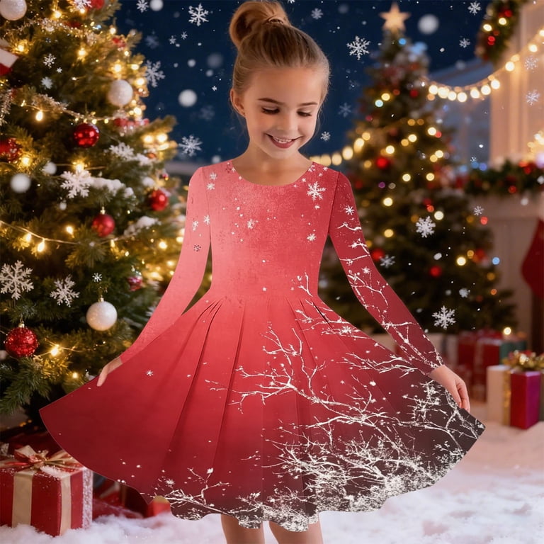 christmas recital dress SuTry Girls Christmas Printed Long Sleeve Twirly Skater School Recital Dress  Long Sleeve Round Neck Dress for Kids 4-15 Years(Multicolor#2,12-13 Years)