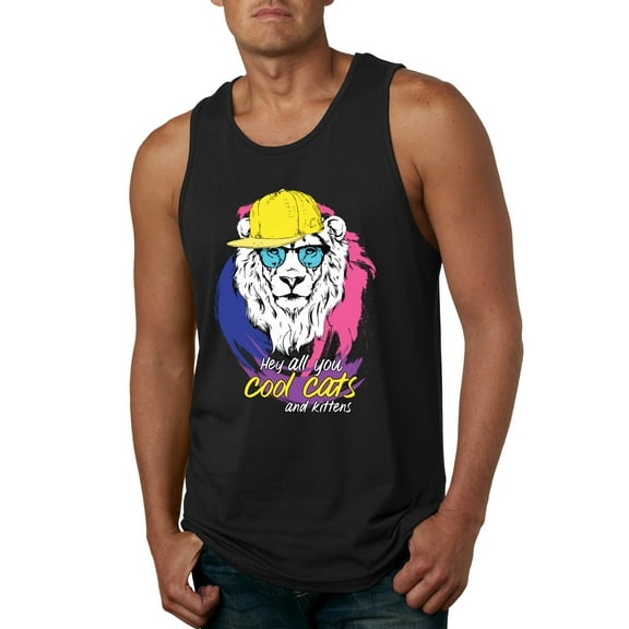 Funny Lion Tiger King Hey All You Cool Cats and Kittens | Mens Animal Lover Graphic Tank Top, Black, Small