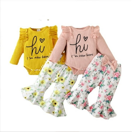 

DOUBFIVSY Baby Girl Clothes Infant Outfits Newborn Romper Fall Ruffle Sleeve Tops Flare Pant Set Baby Girls Clothing