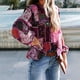 thumbnail image 4 of Camisa de manga larga Mujer Blusa de manga abullonada con estampado bohemio Top, XXL, Rosa roja seitruly AP000088-10B, 4 of 5