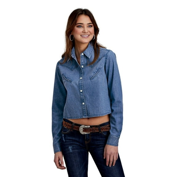 Roper Western Shirt Womens Cropped L/S M Blue 03-050-0594-6130 BU