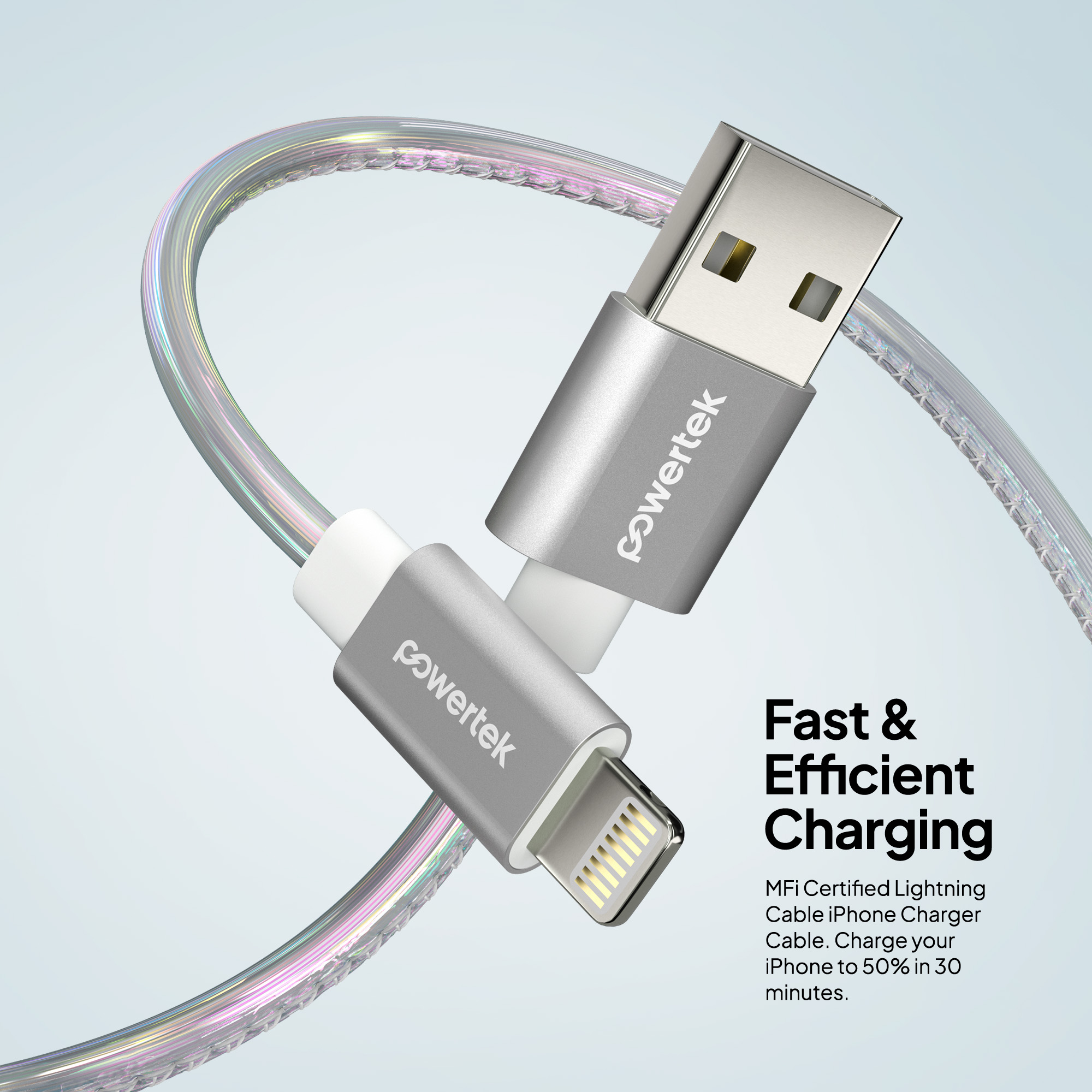 Powertek MFi Certified USB-A to Lightning Cable, 6 ft, Silver photo 3