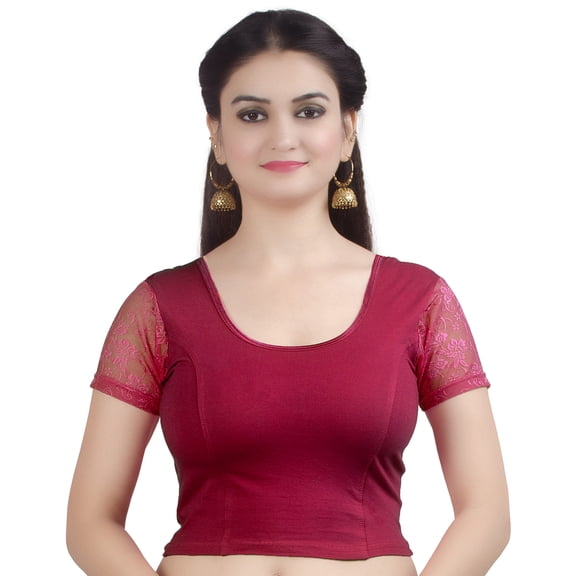 Chandrakala Women's Stretchable Readymade Lycra Maroon Indian Ethnic Saree Blouse Crop Top Choli-X-Large (B102MAR5)
