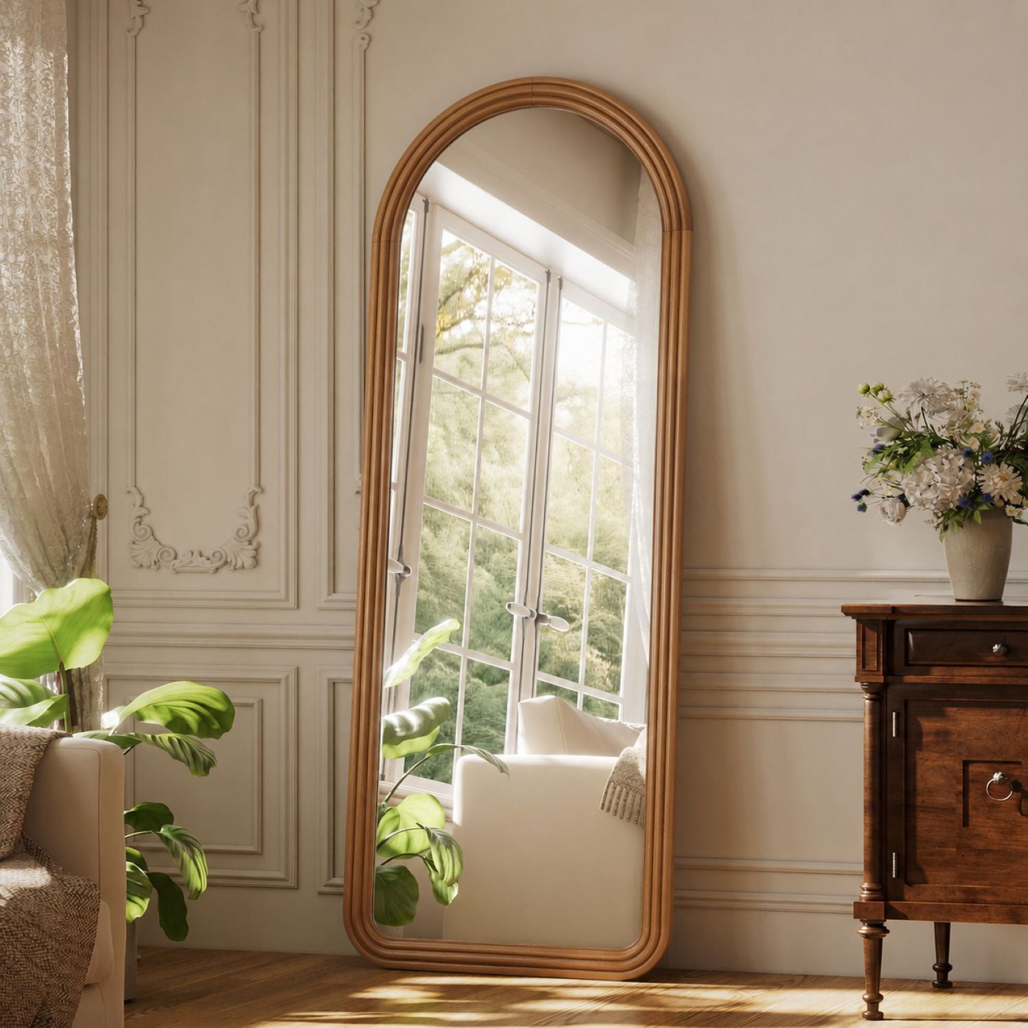 Easy4Home 65" x 24" Wooden Arched Full Length Mirror Vintage Floor Mirror, Natural Wood