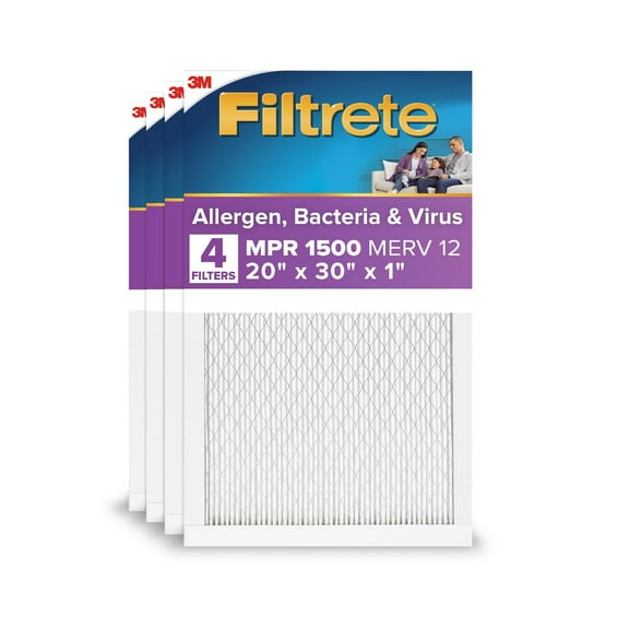 Filtrete 20x30x1 HVAC Furnace Air Filter, MPR 1500 MERV 12, Allergen, Bacteria, Virus, 4 Pack