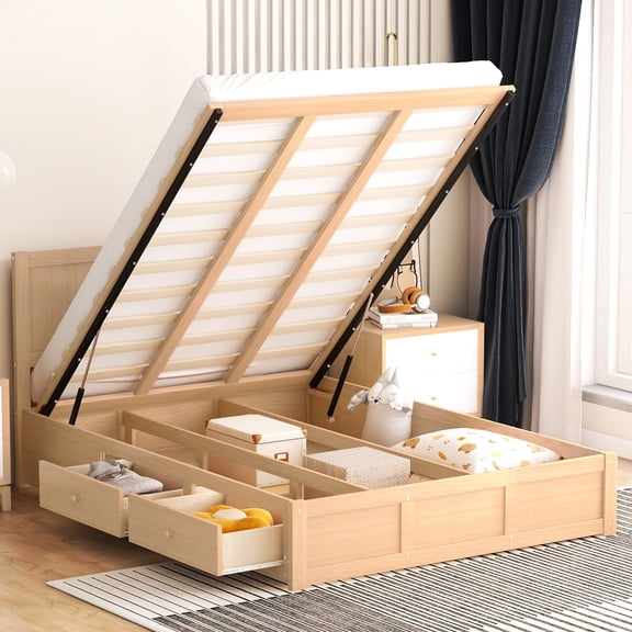 Wood Platform Bed With Underneath Space For Storage And 2 Drawers - Stable, Natural Color Build, Bedroom Furniture
