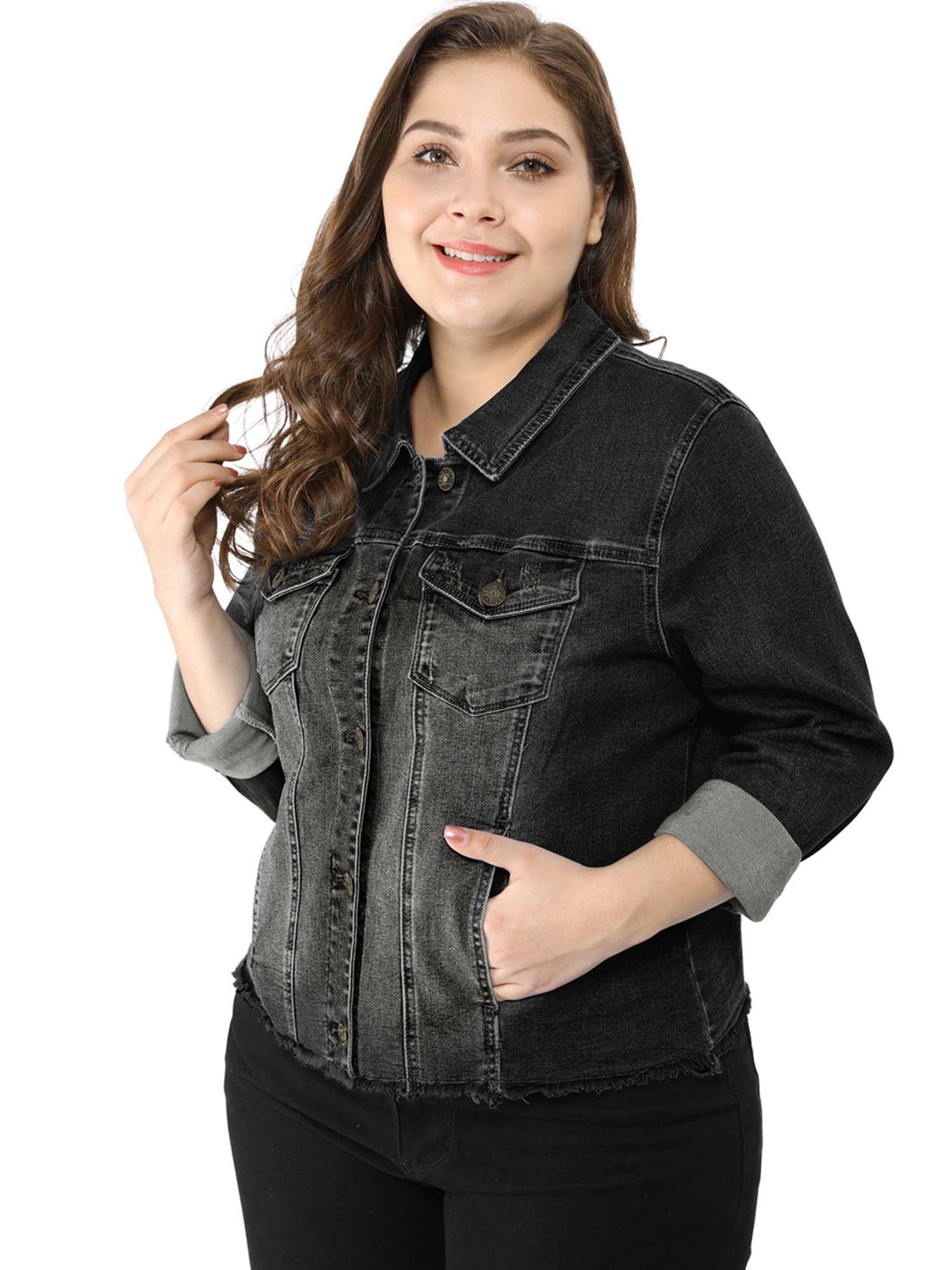 DARING DIVA Women's Plus Size Washed Front Frayed Classic Denim Jacket 6X Black