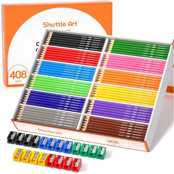 Colored Pencils Bulk, Shuttle Art 408 Pack Coloring Pencil Set Plus 20 Sharpeners, 12 Assorted Colors, Classroom Pack School Supplies