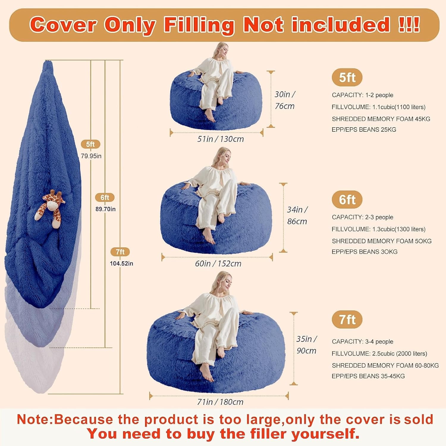RAINBEAN Large Bean Bag Chair Cover, Plush Bean Bags Chairs Cover Only Without Filler Included, Beanbag Chairs for Adults, Teens, Kids, Dark Blue 5FT
