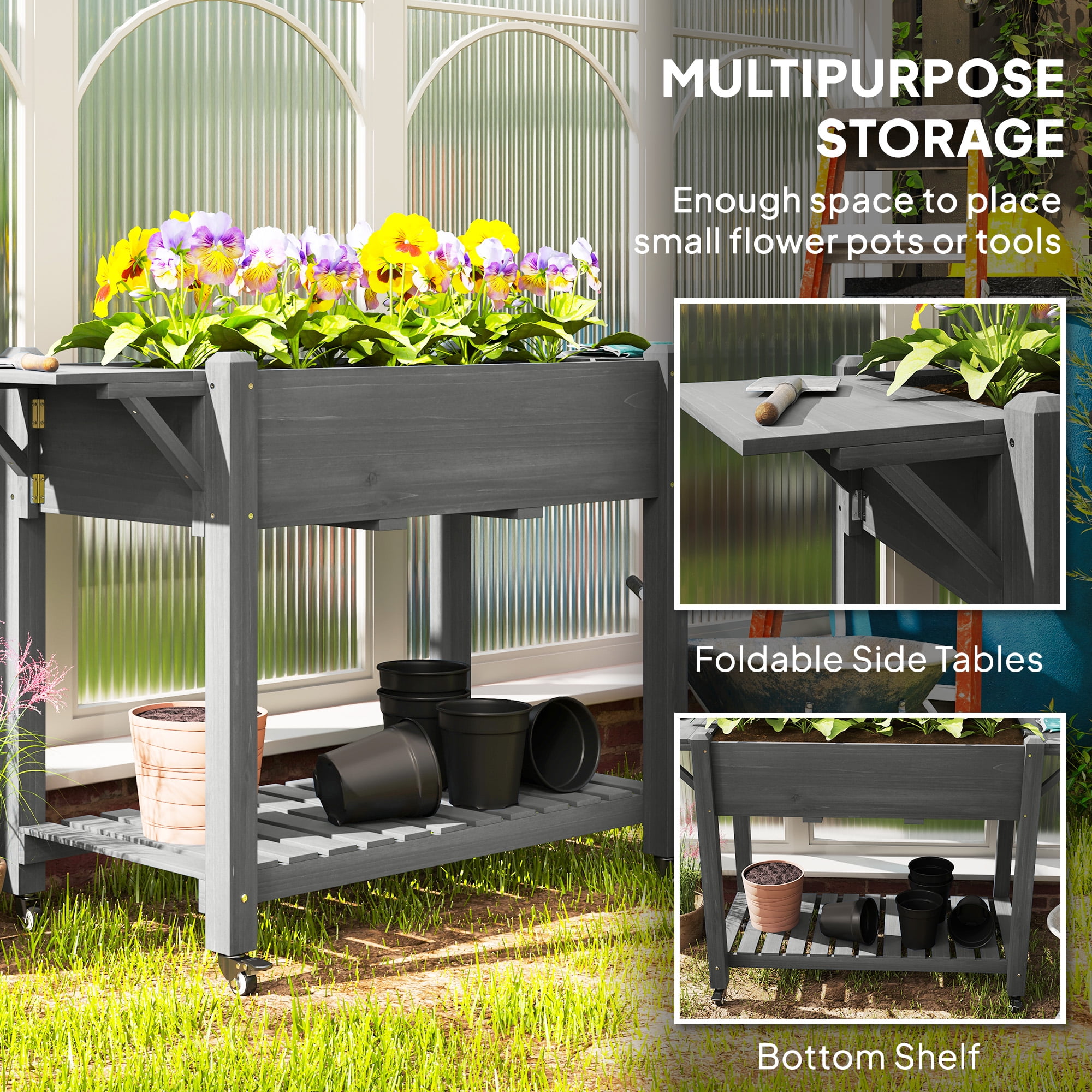 Outsunny Raised Garden Bed, Wood Elevated Planter Box with Lockable Wheels, Side Tables, Bottom Shelf, Bed Liner and Drainage Holes, Gray
