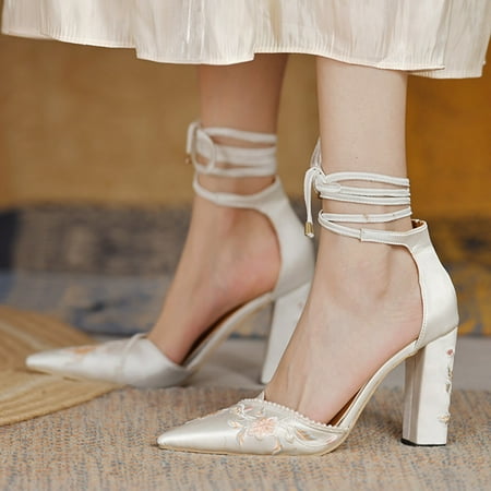 

ERTUTUYI Embroidery Sandals Women Heels Flowers Pointed Shoes Single Lace Up Toe Casual Women s High Heels White 40
