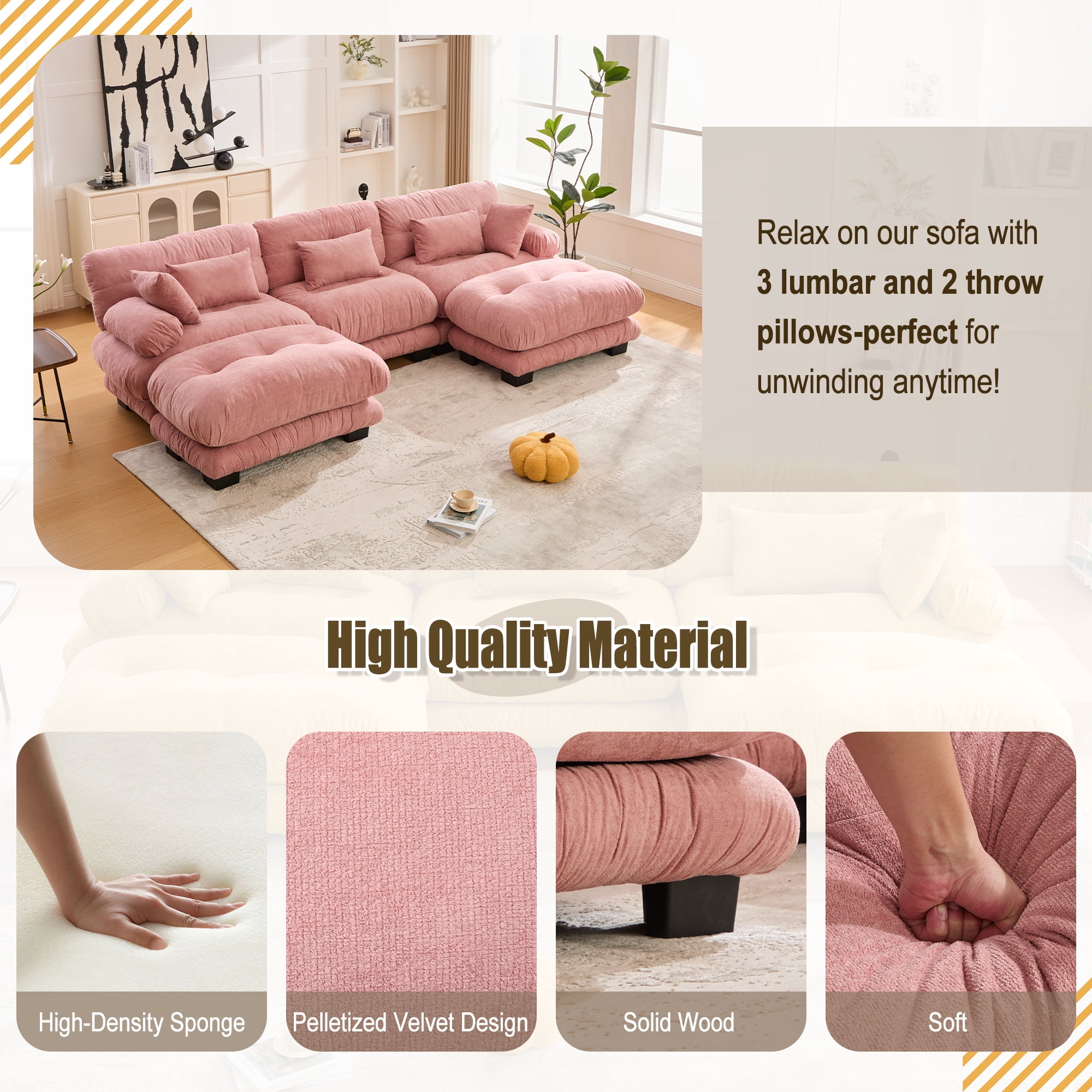 MOONMISS Velvet Upholstered Oversized U-shaped Tufted Free Combined Sectional Sofa with Bolster Armrest Pillows-Pink