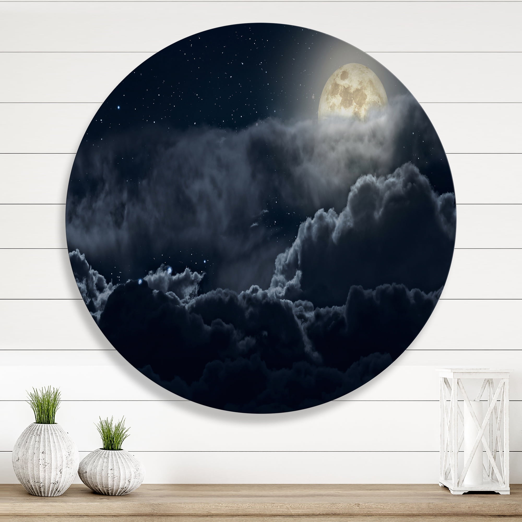 Designart 'Cloudy Full Moon Night With Stars' Nautical & Coastal Circle Metal Wall Art 23x23 - Disc of 23