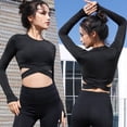thumbnail image 3 of Camiseta de manga larga para mujer, ropa deportiva de otoño e invierno, camiseta de yoga con mangas largas cruzadas expuestas, top de secado rápido, 3 of 6