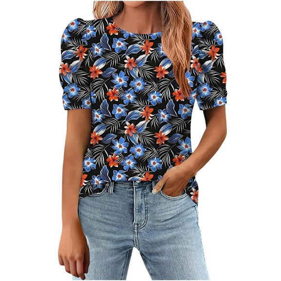 Womens Summer T-Shirts Fashion Floral Prints Shirts Loose Round Neck Puff Sleeves Pleated Blouse Womens Casual Short Sleeve Blouses Pullover Tops