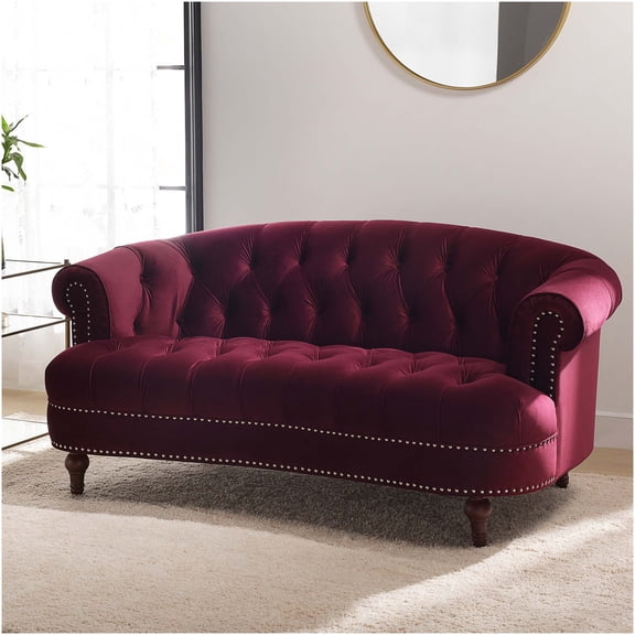 Victorian Chesterfield Loveseat in Burgundy Velvet with Nailhead Trim
