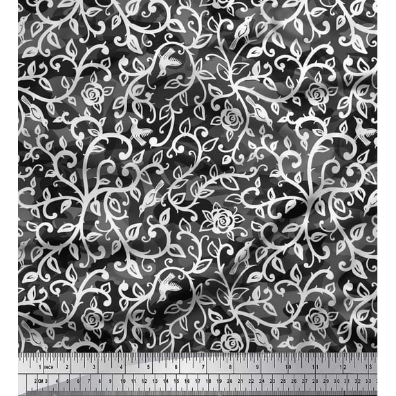 Soimoi Cotton Duck Fabric Leaves,Bird & Rose Flower Print Sewing Fabric Yard 42 Inch Wide