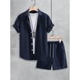 thumbnail image 2 of Men'S Waffle Knit 2-Piece Outfit with Button Down Shirt and Shorts for Summer Navy Blue S, 2 of 6
